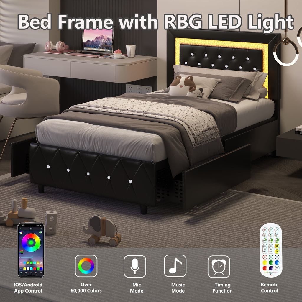 4 EVER WINNER Twin Size LED Bed Frame with Storage, Upholstered Platform Bed with 2 Drawers, Adjustable LED Lights Headboard, Black