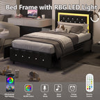 4 EVER WINNER Twin Size LED Bed Frame with Storage, Upholstered Platform Bed with 2 Drawers, Adjustable LED Lights Headboard, Black