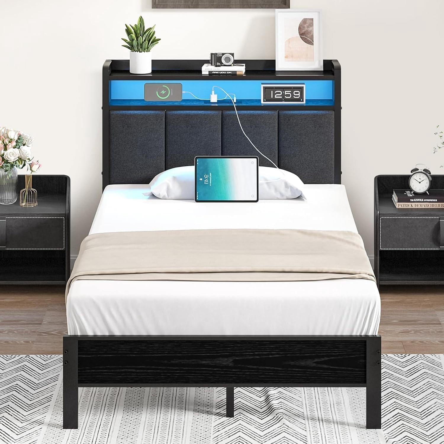 4 EVER WINNER Twin /Full/Queen/KIng Size Bed Frame, Upholstered Bed Frame with Headboard, No Box Spring Required, Easy AssemblyBEAX302-LEDXDRBZW-BT
