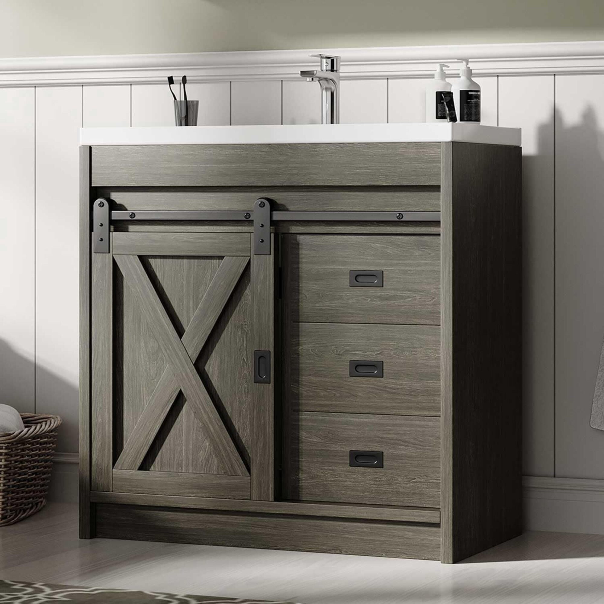 4 EVER WINNER Black Bathroom Vanity with Sink, Farmhouse Storage Cabinet with X-shaped Barn Door, Ceramic Vanity Top & Open Shelf, Modern Vanity for Bathroom Laundry RoomCAAX081-NSFXST-Wash Grey-CAAX081