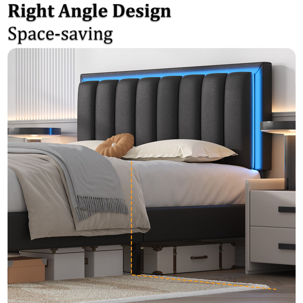 4 EVER WINNER Queen Black LED Upholstered Bed Frame, PU Soft Cushion Headboard, Stable Structure, No Box Spring Required, Quick Assembly for Home