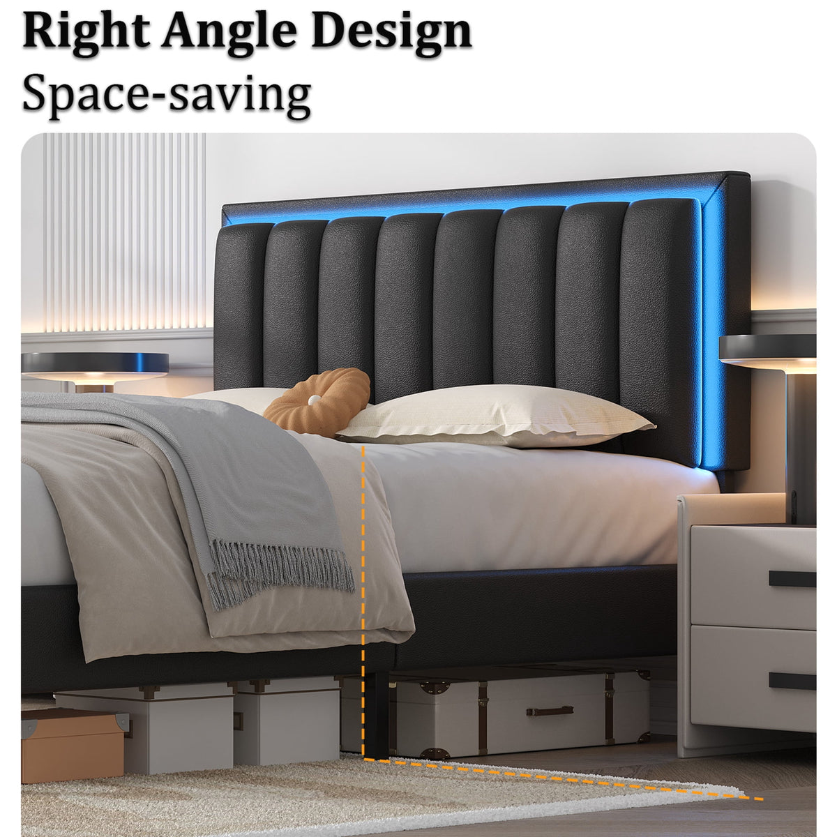 4 EVER WINNER Queen Black LED Upholstered Bed Frame, PU Soft Cushion Headboard, Stable Structure, No Box Spring Required, Quick Assembly for Home