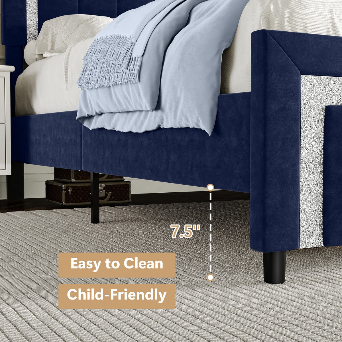 4 EVER WINNER Full Bed Frame with Headboard, Velvet Upholstered Platform Bed Frame Full Size with Diamond Headboard & Footboard, Wooden Slats Support, No Box Spring Required, Easy Assembly, Blue