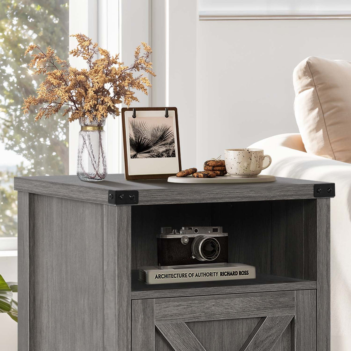 4 EVER WINNER Farmhouse Nightstand, End Table for Bedroom Living Room, Side Table, Grey Wash