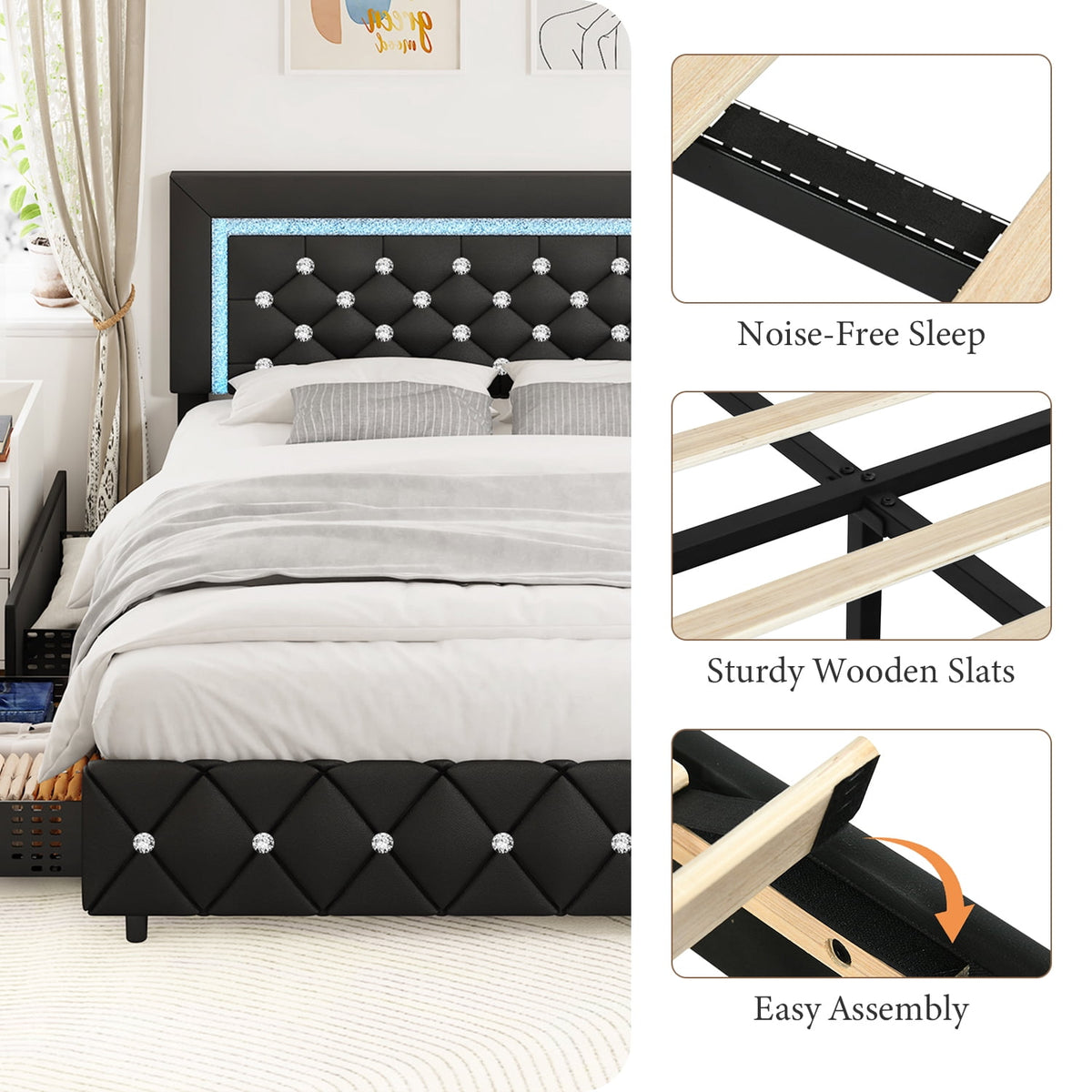 4 EVER WINNER Full Size LED Bed Frame with 4 Drawers, Black Full Bed Frame with LED Light Headboard, Modern Upholstered Bed with Diamond Headboard and Footboard, Black