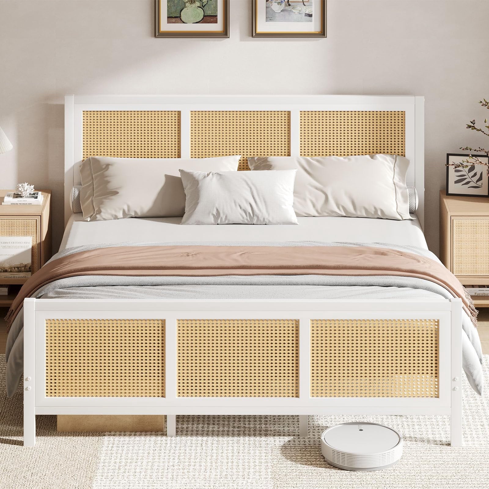 4 EVER WINNER Twin /Full/Queen/KIng Size Bed Frame, Upholstered Bed Frame with Headboard, No Box Spring Required, Easy AssemblyBEAX601-BohemianRrattanBed-WK