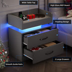 4 Ever Winner Grey Night Stand with Charging Station,Wood Nightstand with 2 Drawers Modern Style, LED Lights Wooden End Tables with Metal Handle Bedside Table for Living Room Bedroom
