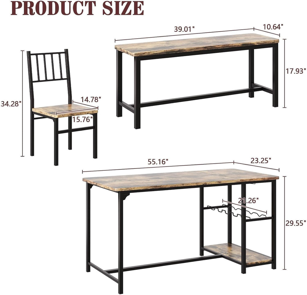 Catrimown Dining Table Set for 4 with Bench, 55 Inch Kitchen Set with Wine Rack, Glass Holder & Storage Shelves, Space Saving Dining Furniture for Home Apartment, Rustic Brown