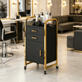 Black and Gold Salon Rolling Cart with Wheels, Mobile Beauty Trolley with 2 Drawers, Salon Station with Storage Cabinet for Hair Stylist, Rolling Beauty Station for Barbershop, Spa & Tattoo