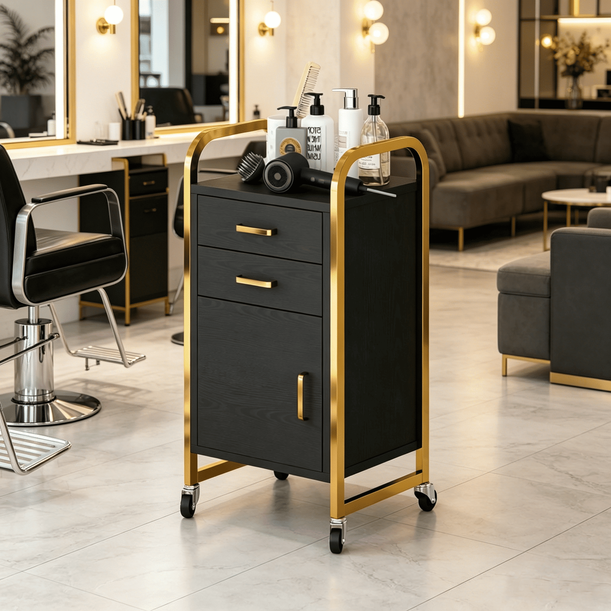 Black and Gold Salon Rolling Cart with Wheels, Mobile Beauty Trolley with 2 Drawers, Salon Station with Storage Cabinet for Hair Stylist, Rolling Beauty Station for Barbershop, Spa & Tattoo