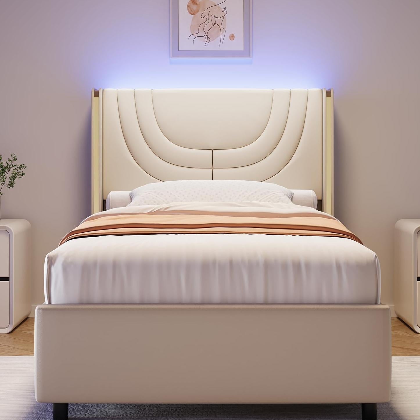 4 EVER WINNER Twin /Full/Queen/KIng Size Bed Frame, Upholstered Bed Frame with Headboard, No Box Spring Required, Easy AssemblyBEAX539-YBLED-WT