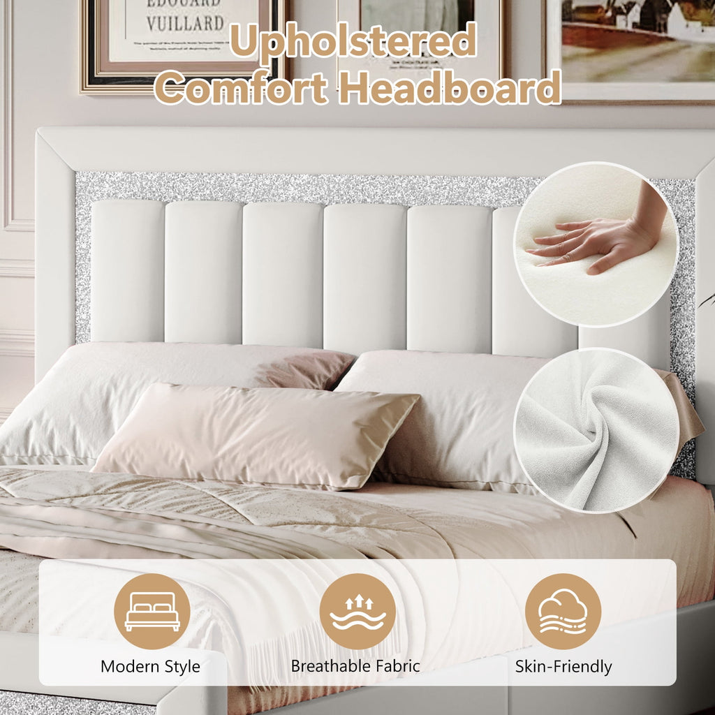 4 EVER WINNER Full Bed Frame, Velvet Upholstered Bed Frame with Diamond Headboard, White Full Size Bed Frame, White