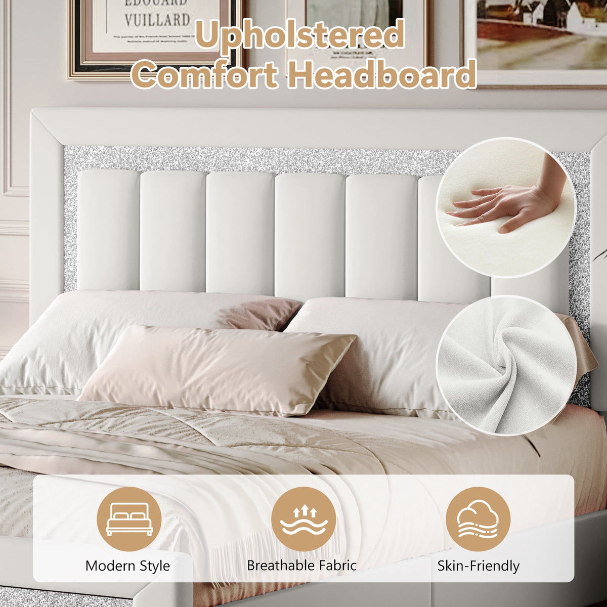 4 EVER WINNER Full Bed Frame, Velvet Upholstered Bed Frame with Diamond Headboard, White Full Size Bed Frame, White