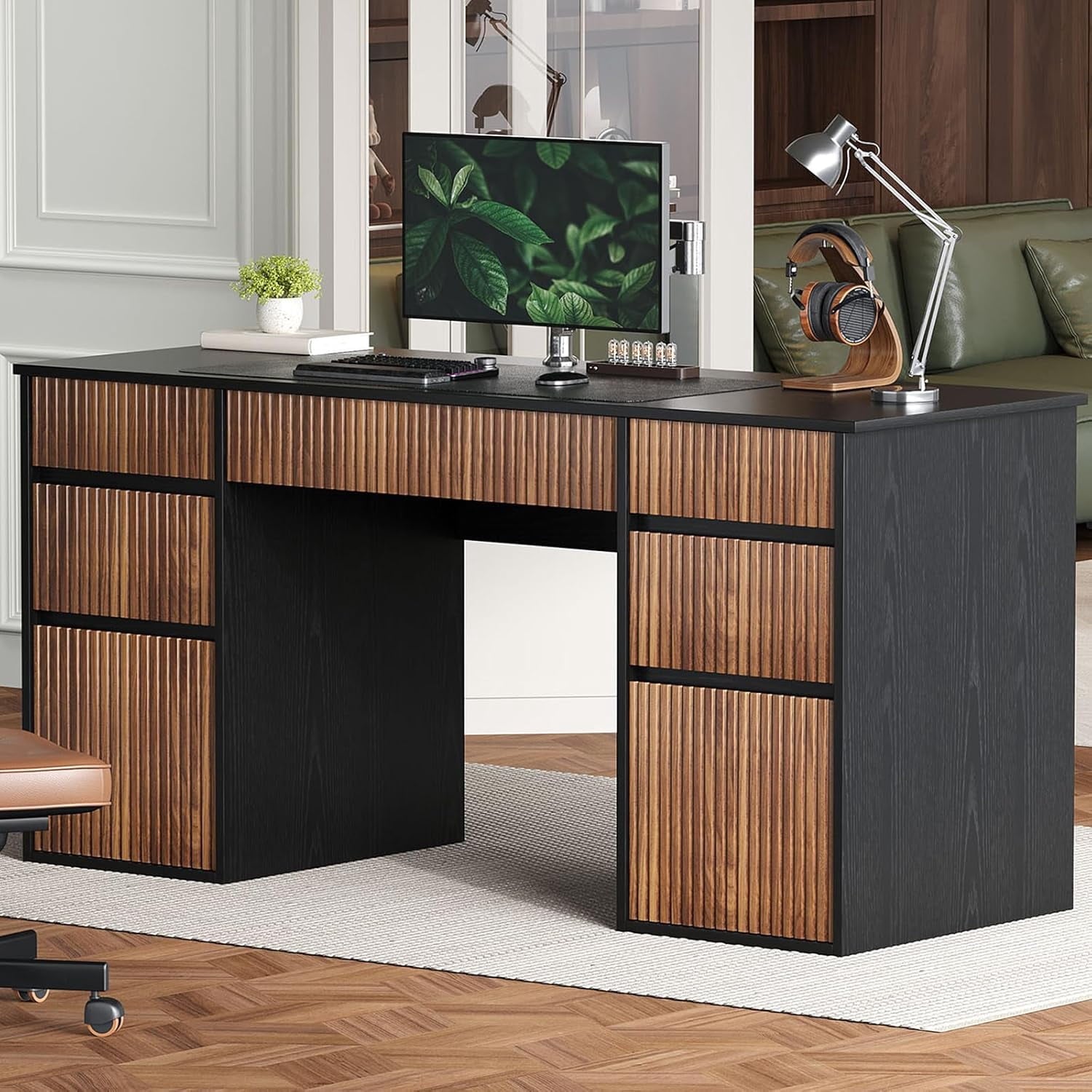 4 EVER WINNER Black Executive Desk with 7 Drawers, 58'' Modern Computer Desk with File Storage Cabinet, Multifunctional Home Office Study Workstation Table for Bedroom, Office Room, Black