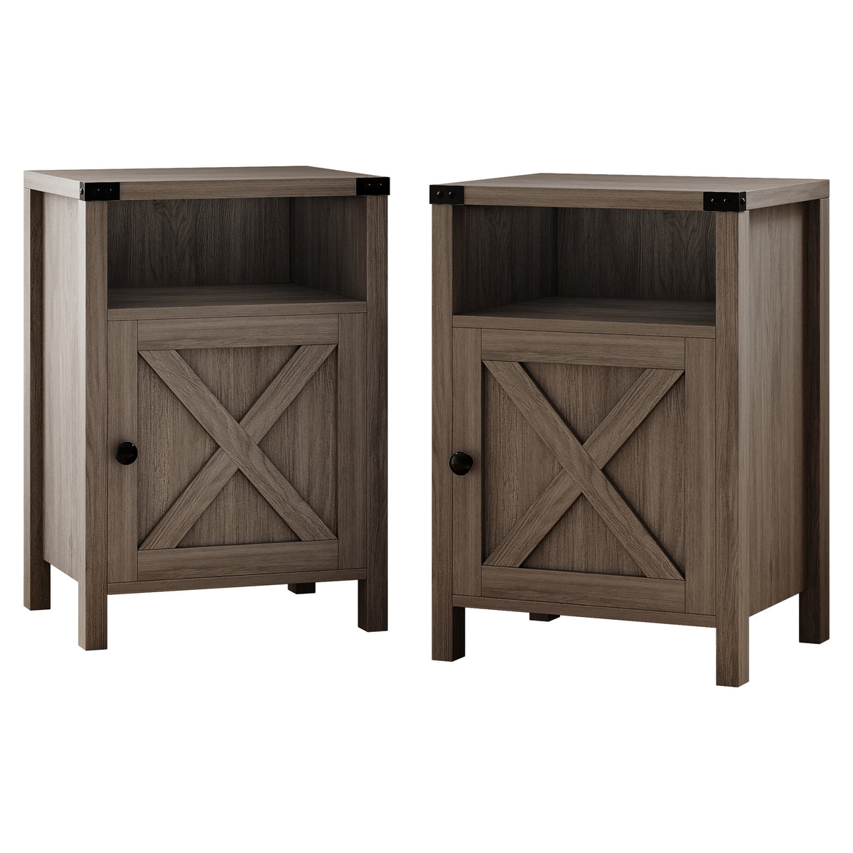 4 EVER WINNER Farmhouse 2-Pack Barn Door Side Tables, Rustic Gray Storage End Tables, Stylish Bedside Tables for Bedroom & Living Room