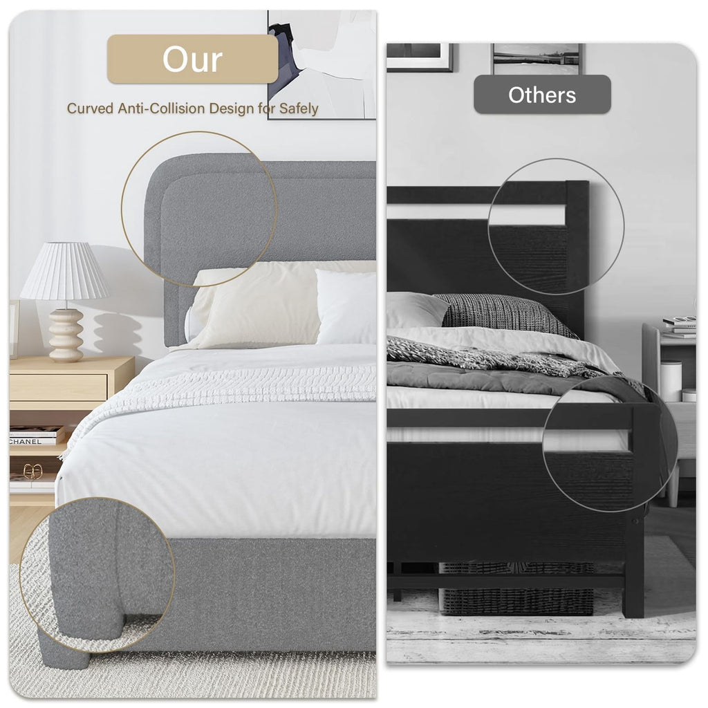 4 EVER WINNER Full Size Bed Frame, Boucle Upholstered Bed Frame with Headboard, No Box Spring Required, Easy Assembly, Light Gray