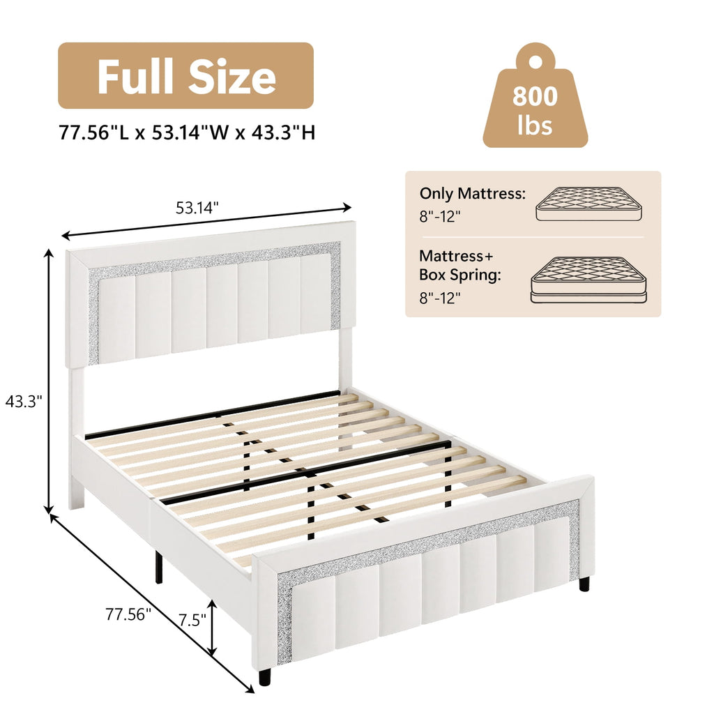 4 EVER WINNER Full Bed Frame, Velvet Upholstered Bed Frame with Diamond Headboard, White Full Size Bed Frame, White