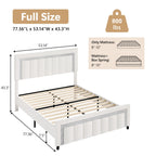 4 EVER WINNER Full Bed Frame, Velvet Upholstered Bed Frame with Diamond Headboard, White Full Size Bed Frame, White