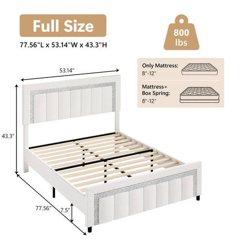 4 EVER WINNER Full Bed Frame, Velvet Upholstered Bed Frame with Diamond Headboard, White Full Size Bed Frame, White