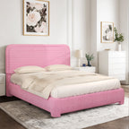 4 Ever Winner Full Size Bed Frame, Modern White Bed Frame with Headboard, Boucle Fabric Upholstered Bed Frame, Soft Curved Headboard, Pink