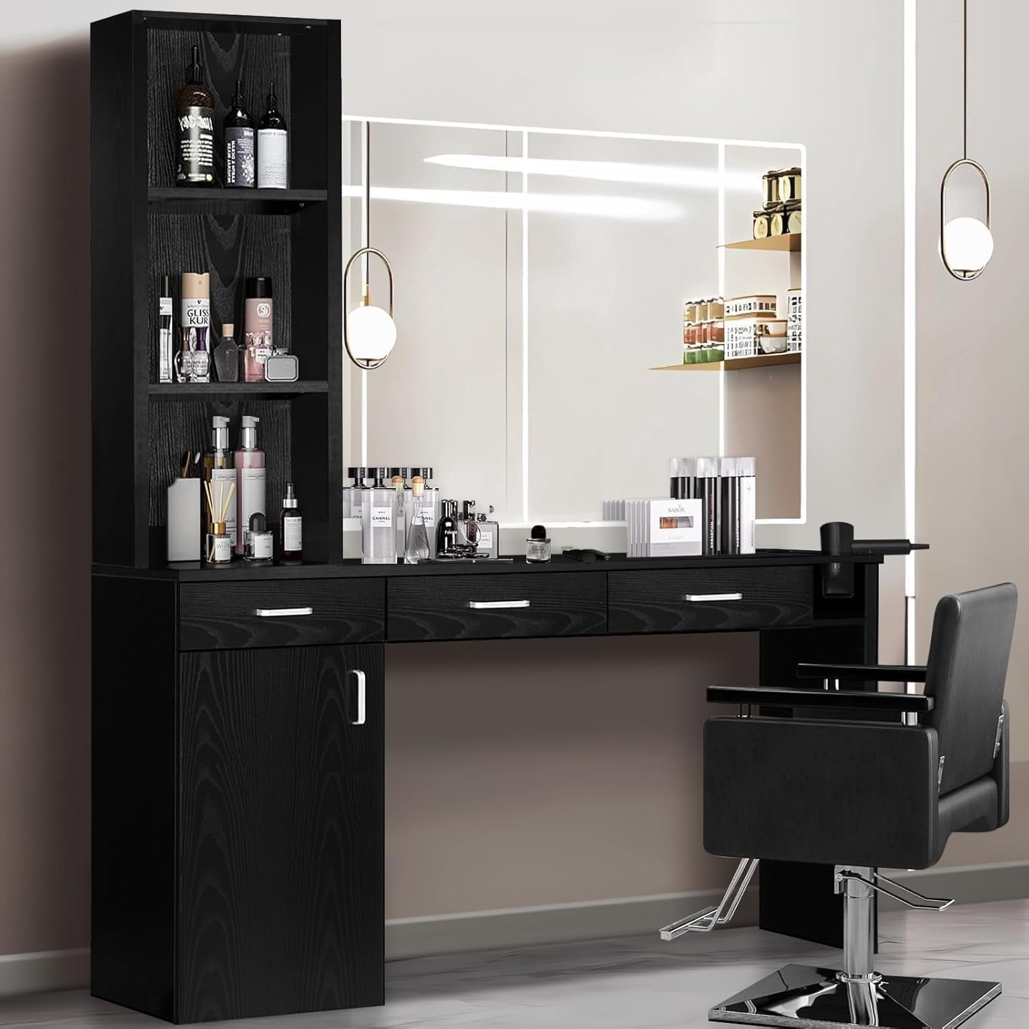 4 EVER WINNER Wall Mount Styling Station for Hair Stylist, Salon Barber Stations with 3-Tier Storage Shelf with Door, Black