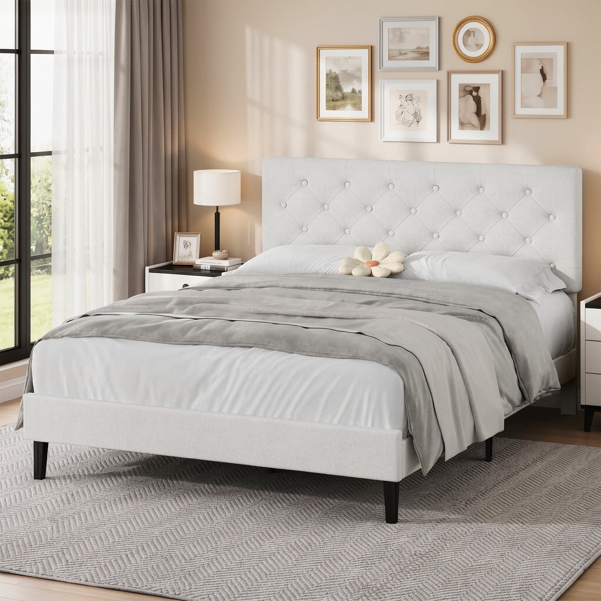 4 Ever Winner Queen Size Bed Frame, Upholstered Platform Bed with Headboard, Button Tufted Headboard, White