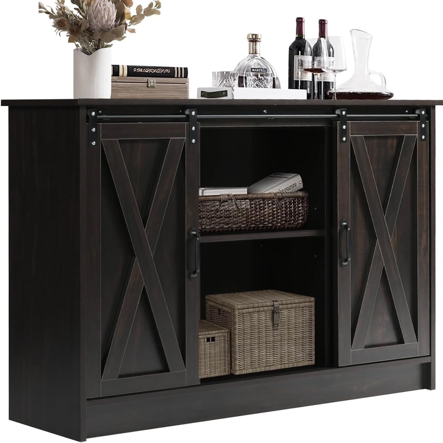 4 EVER WINNER Buffet Sideboard Cabinet, 42¡± Farmhouse Coffee Bar Cabinet with Sliding Barn Doors, Kitchen Buffet Storage Cabinet with Adjutable Shelves, Espresso
