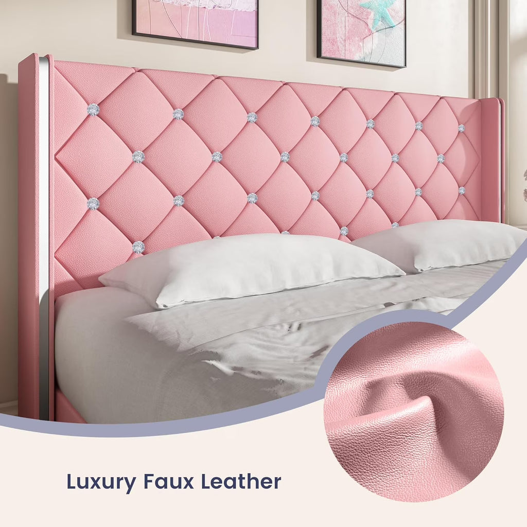 DreamCurship King Size Bed Frame, Pink King Bed Frame with Headboard and Footboard, Modern Upholstered Bed Frame, Pink