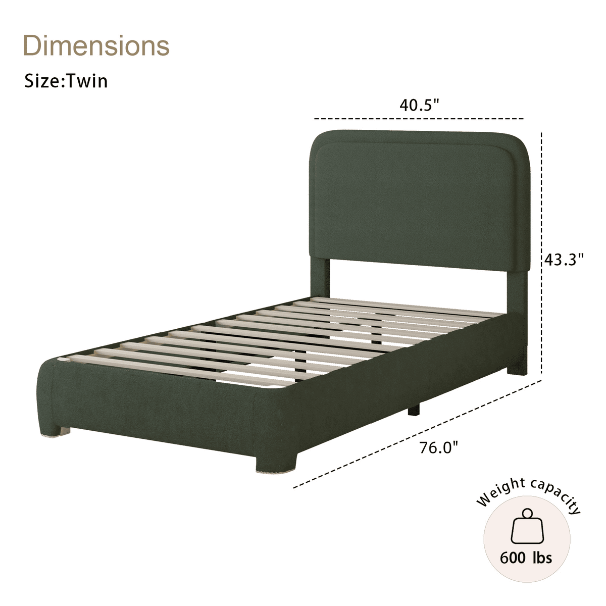 4 EVER WINNER Twin Size Bed Frame, Boucle Upholstered Bed Frame with Headboard, No Box Spring Required, Easy Assembly, Green