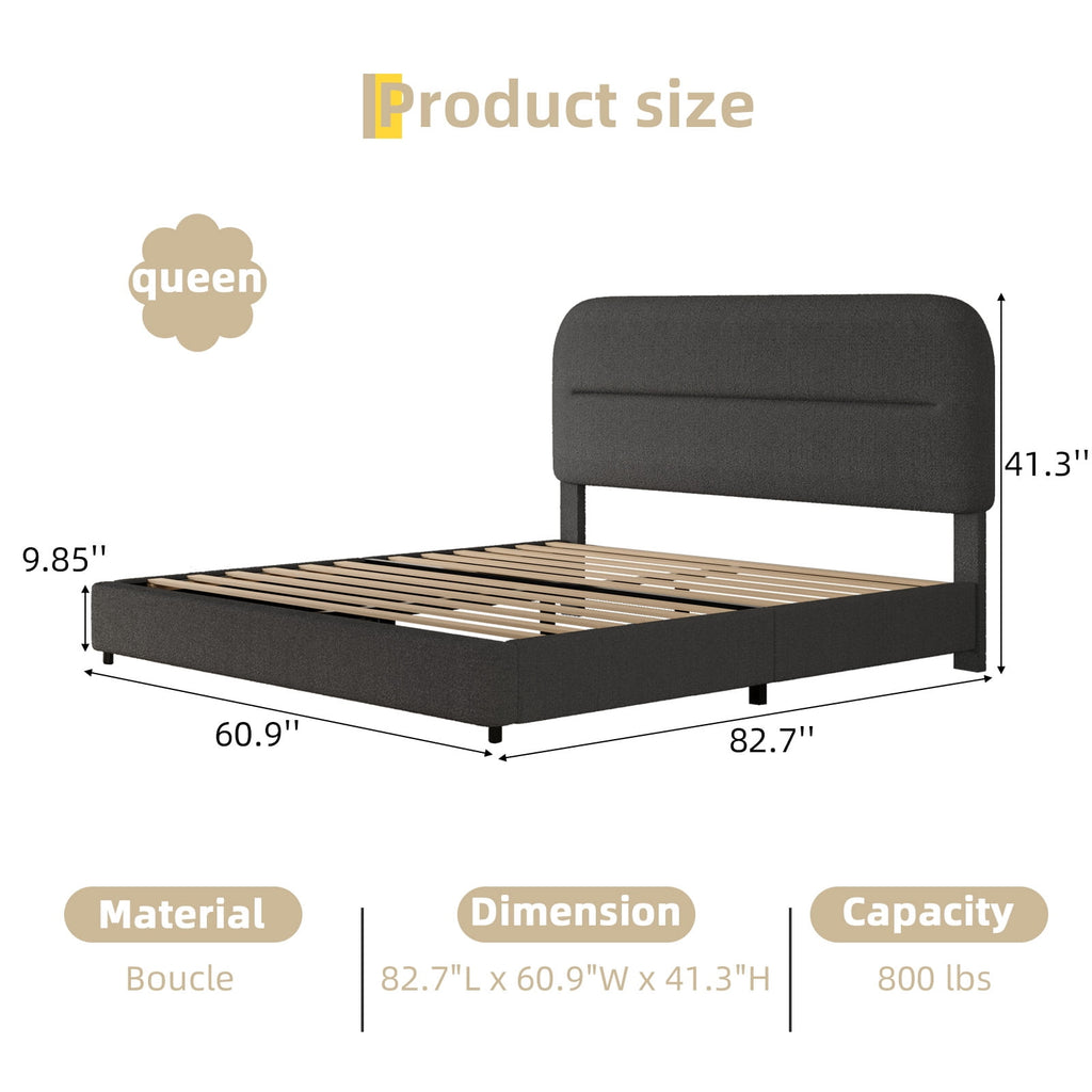 4 Ever Winner Queen Size Boucle Bed Frame with Headboard, Upholstered Platform Bed with Wood Slats, Soft Rounded Corners, No Box Spring Required, Non-Slip and Noise-Free, Easy Assembly, Grey