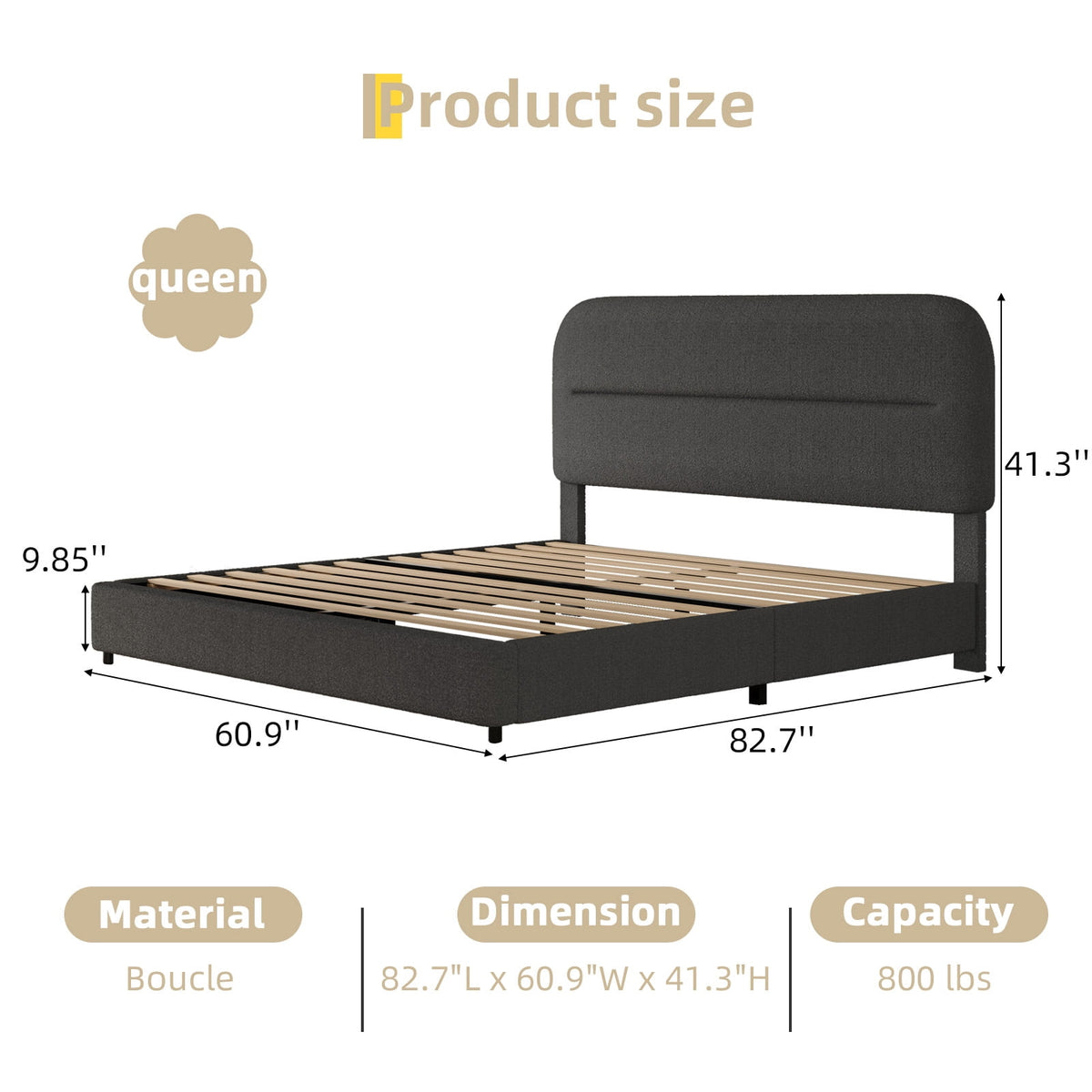 4 Ever Winner Queen Size Boucle Bed Frame with Headboard, Upholstered Platform Bed with Wood Slats, Soft Rounded Corners, No Box Spring Required, Non-Slip and Noise-Free, Easy Assembly, Grey