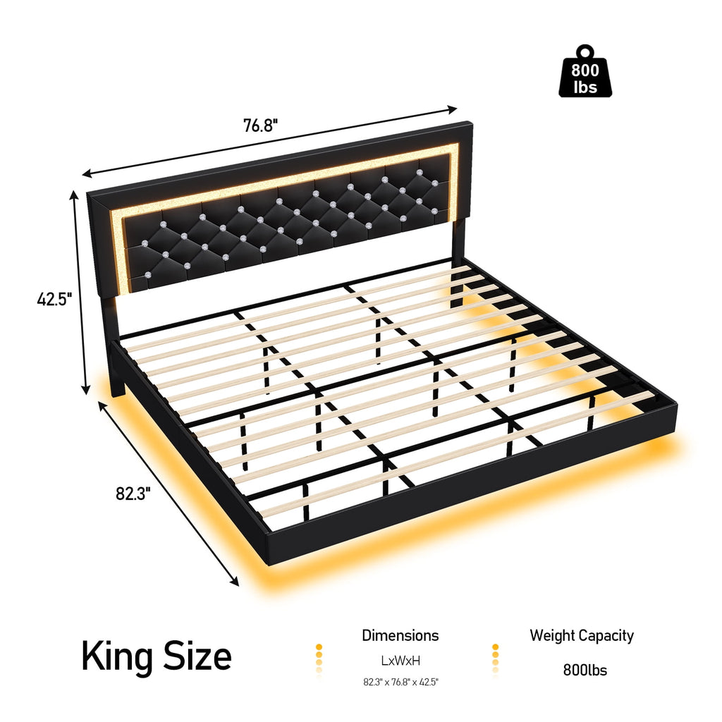 4 EVER WINNER King Size Floating Bed Frame with LED Lights, Upholstered Platform Bed Frame with Diamond Tufted Headboard, Black King Size Bed Frame, Black