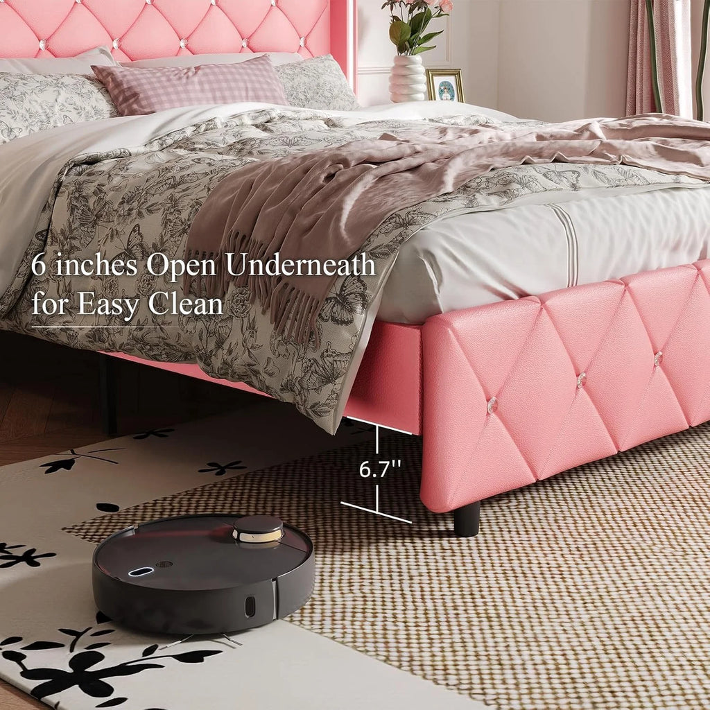 DreamCurship Full Size Bed Frame, Pink Bed Frame with Headboard and Footboard, Modern Upholstered Bed Frame, Pink