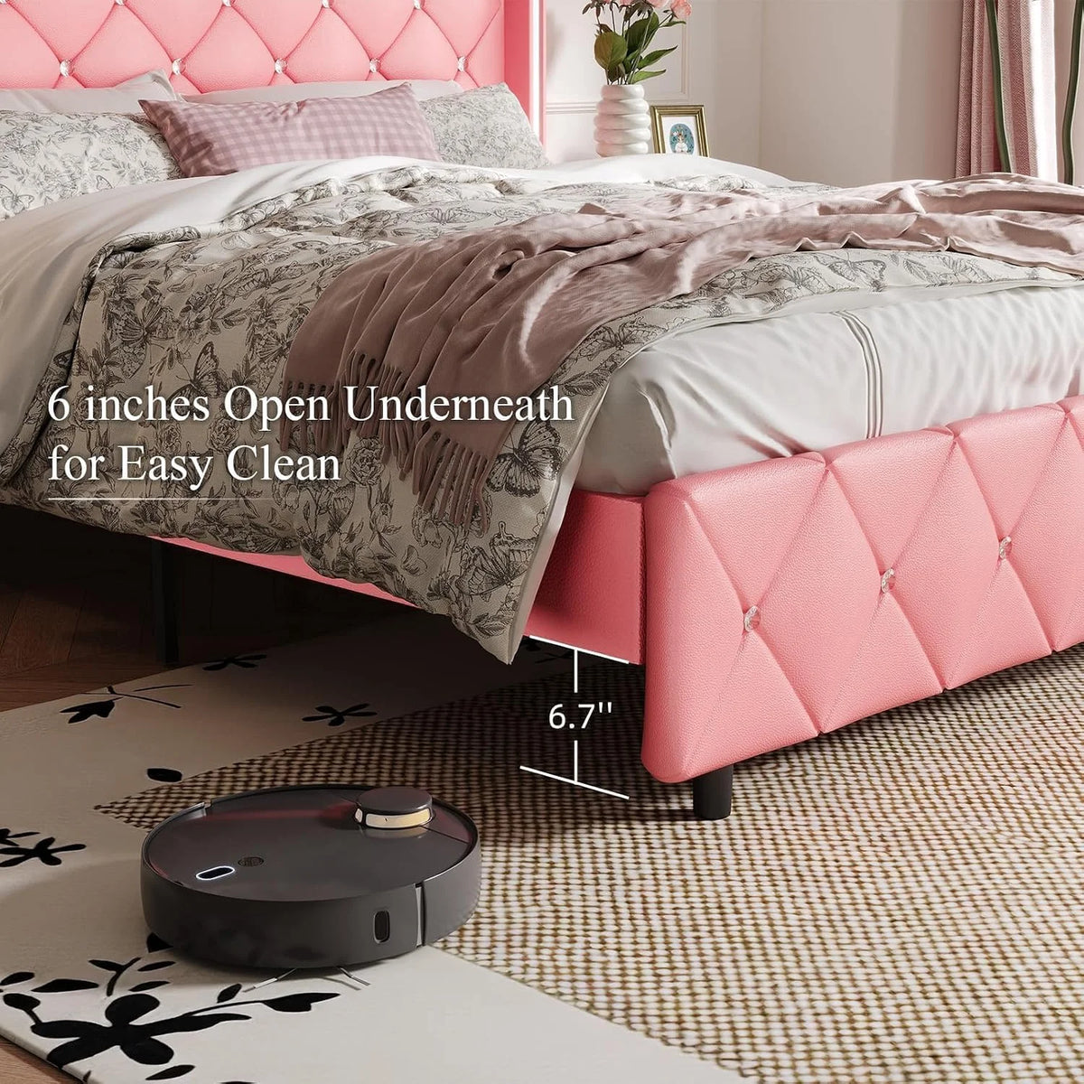 DreamCurship Full Size Bed Frame, Pink Bed Frame with Headboard and Footboard, Modern Upholstered Bed Frame, Pink
