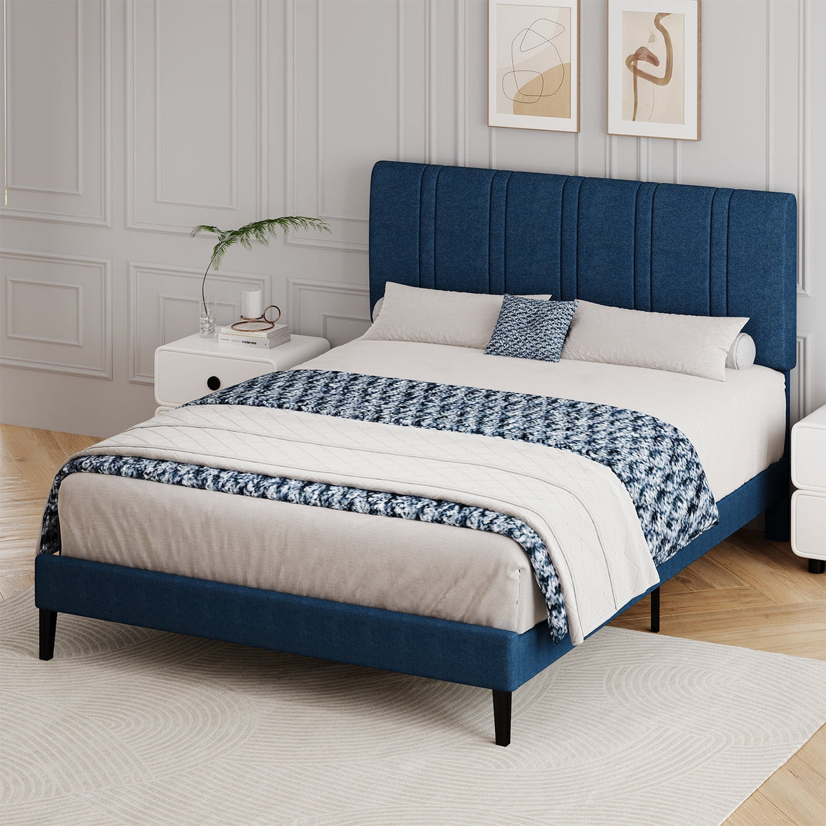 4 EVER WINNER Full Size Upholstered Platform Bed Frame with Headboard, Blue Full Bed Frame, No Box Spring Needed, Blue