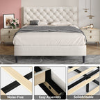 4 Ever Winner Queen Size Bed Frame, Upholstered Platform Bed with Headboard, Button Tufted Headboard, White