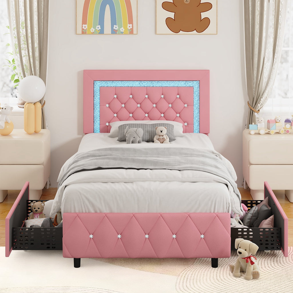 4 Ever Winner Twin Size LED Bed Frame with 2 drawers, Pink Twin Bed Frame with LED Light and Diamond Headboard, Modern Upholstered Bed Twin Size, Pink