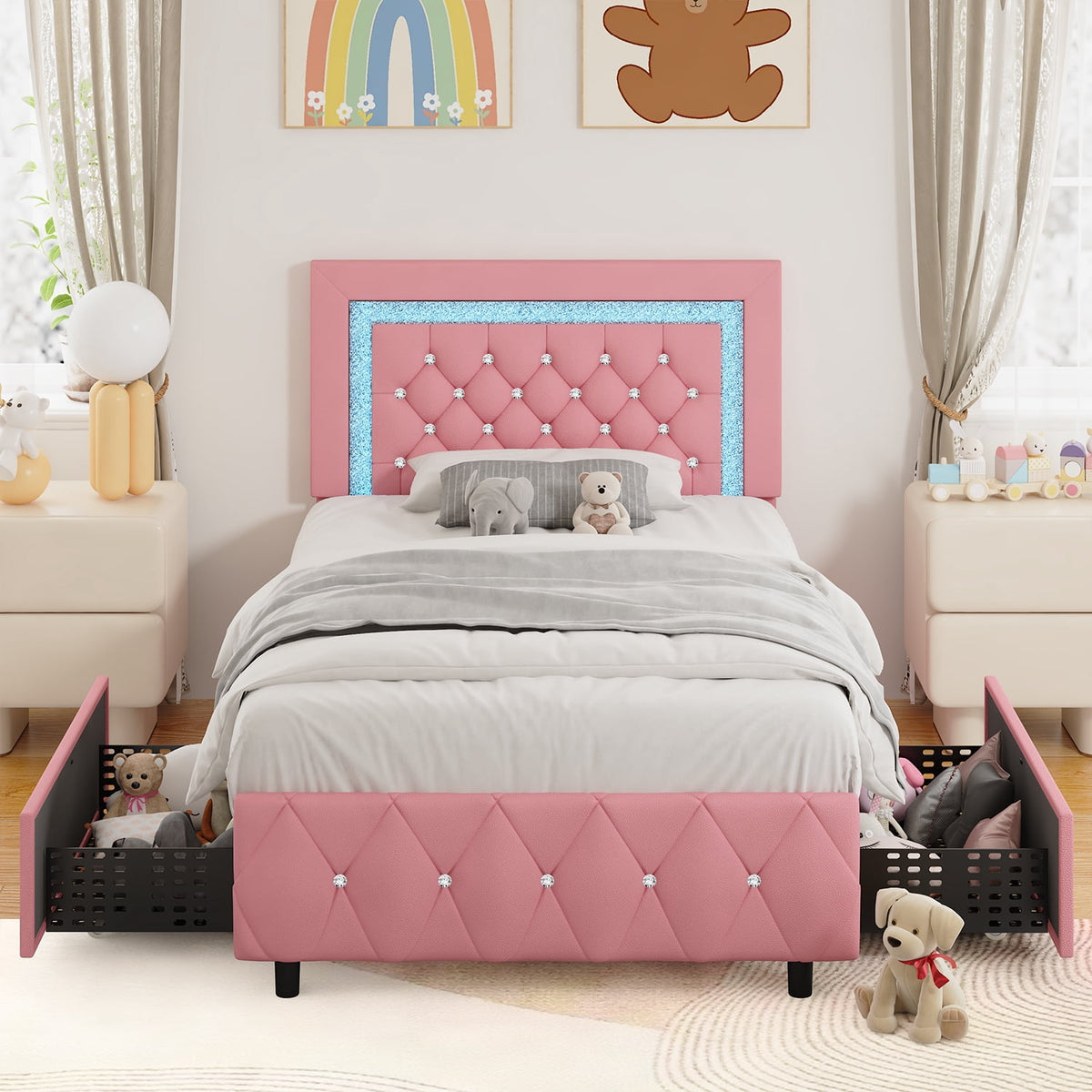 4 Ever Winner Twin Size LED Bed Frame with 2 drawers, Pink Twin Bed Frame with LED Light and Diamond Headboard, Modern Upholstered Bed Twin Size, Pink
