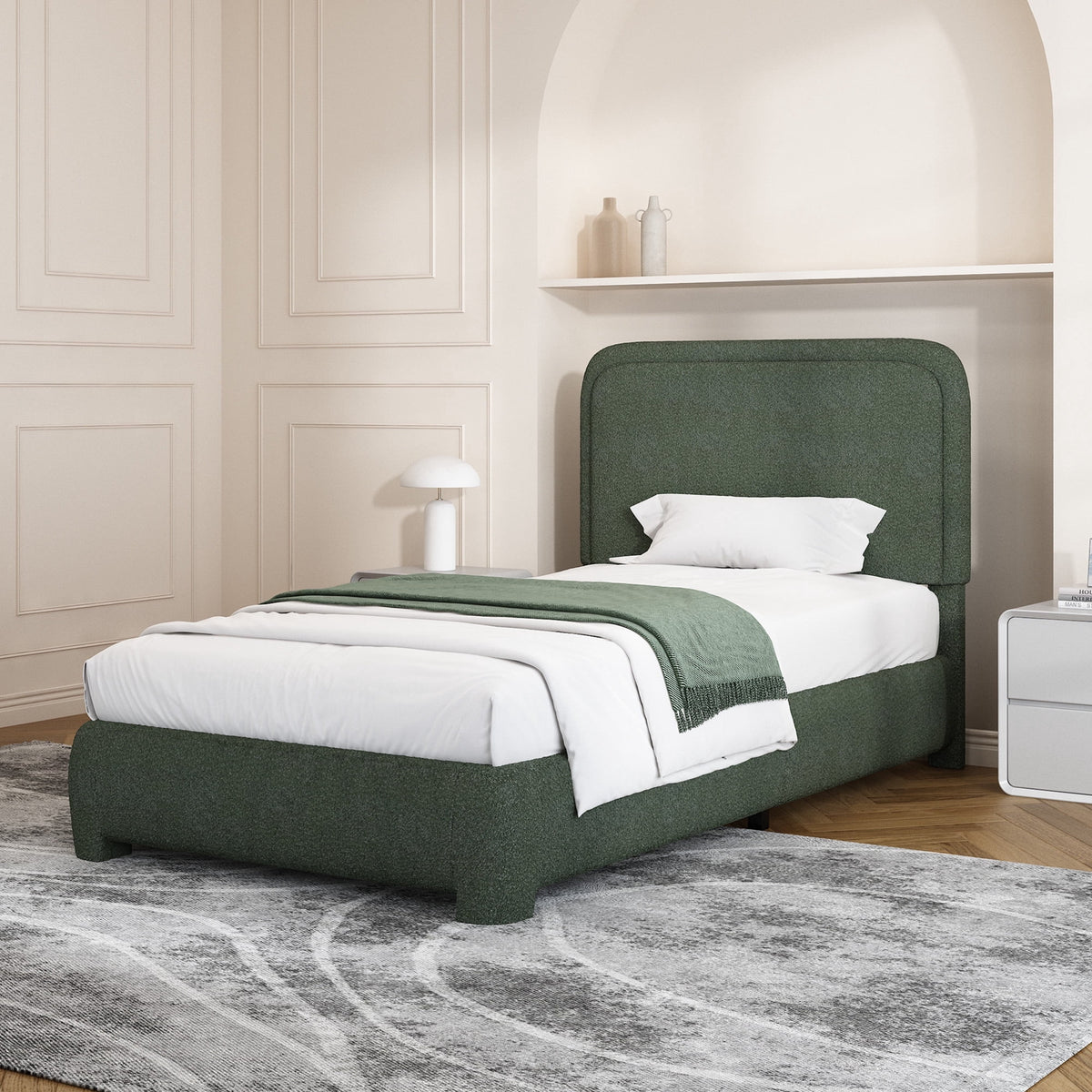4 EVER WINNER Twin Size Bed Frame, Boucle Upholstered Bed Frame with Headboard, No Box Spring Required, Easy Assembly, Green