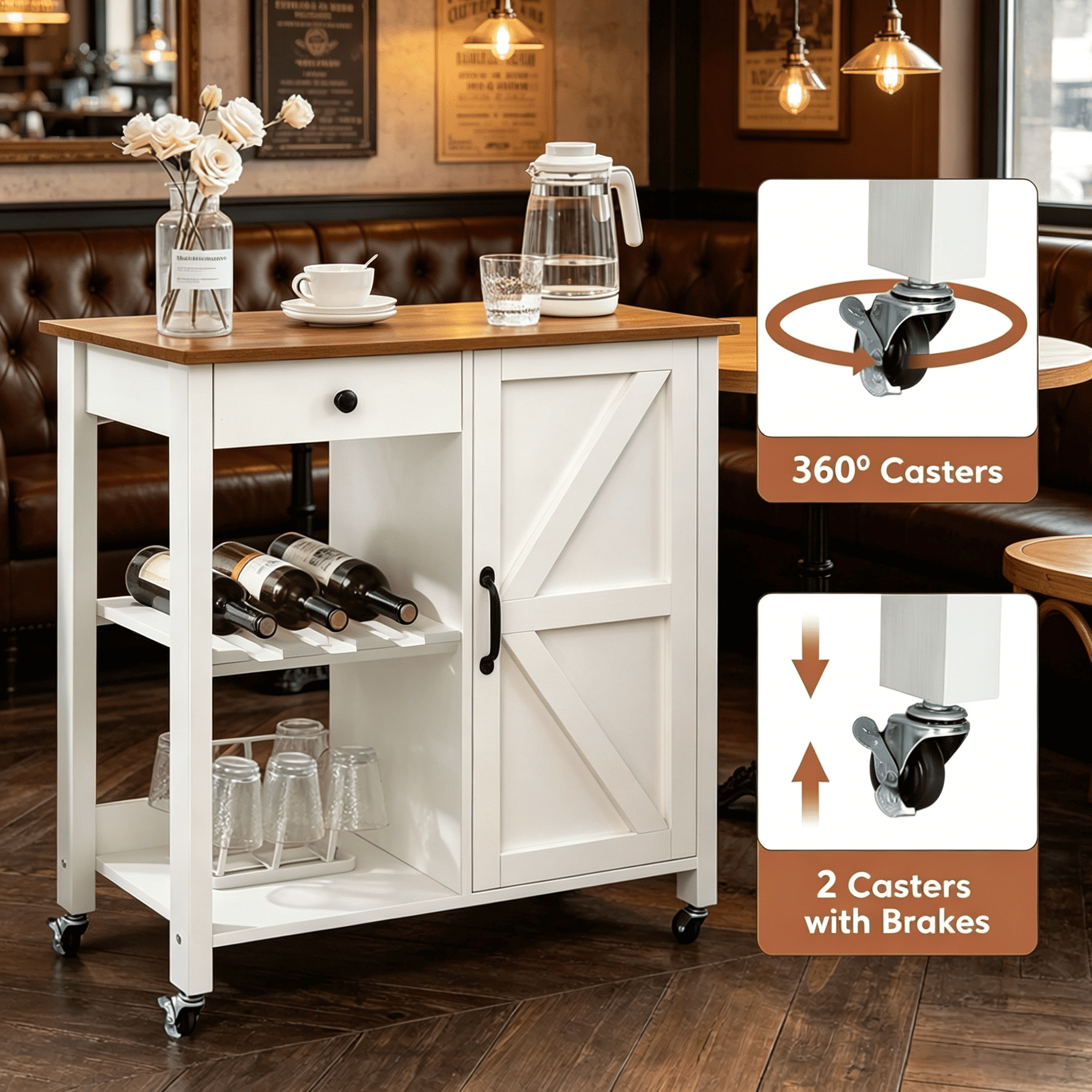 4 EVER WINNER Kitchen Cart on Wheels, Farmhouse Rolling  Kitchen Cart , Microwave Cart, Coffee Cart Station, White