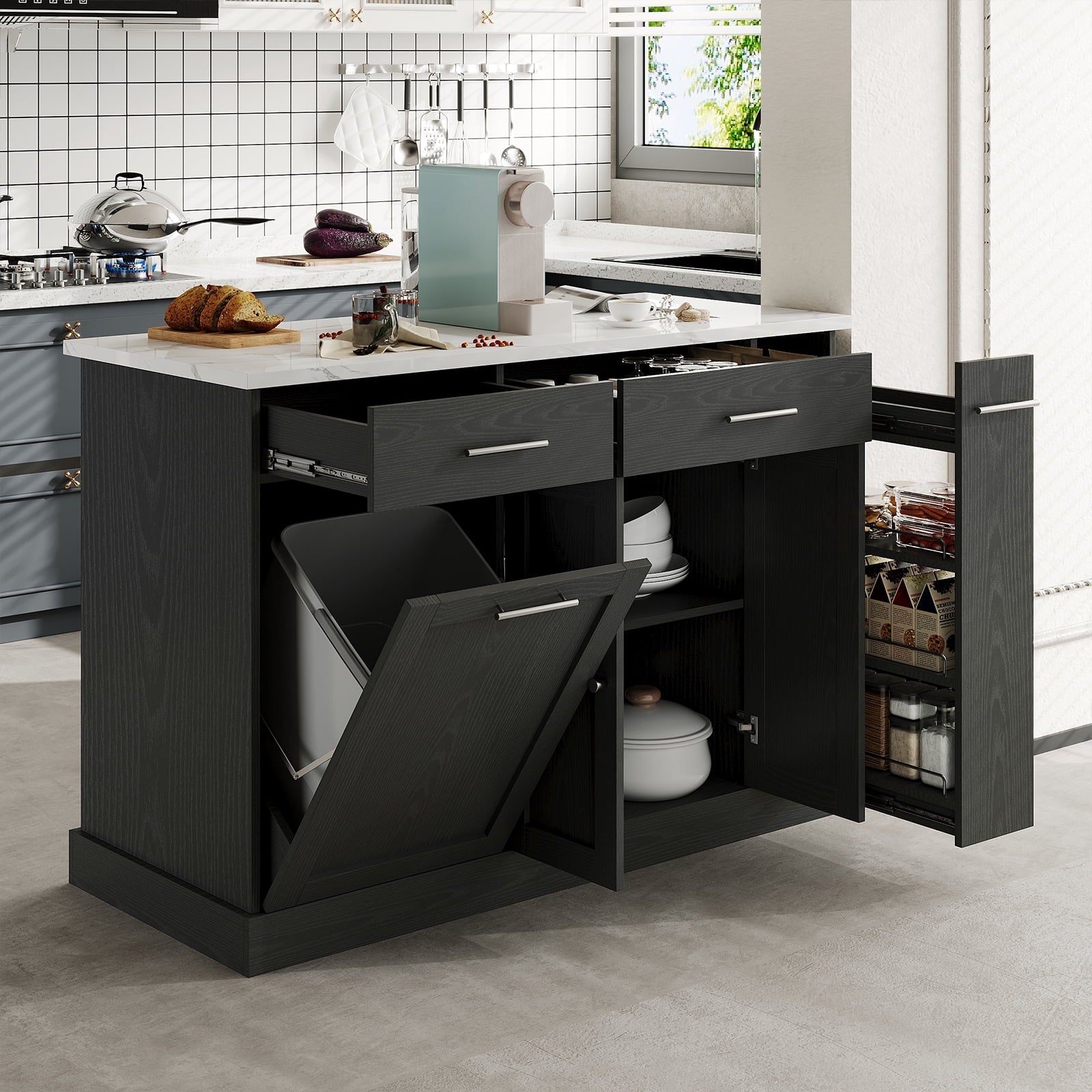 4 EVER WINNER Farmhouse Buffet Cabinet, kitchen cabinet with Storage, Large Storage Cabinet with 4 Doors &2 Drawers, Coffee Bar Cabinet with Adjustable Shelves for Kitchen, Dining Room, BlackDCAX019-kitchen island-Black+Marble-DCAX019-2026