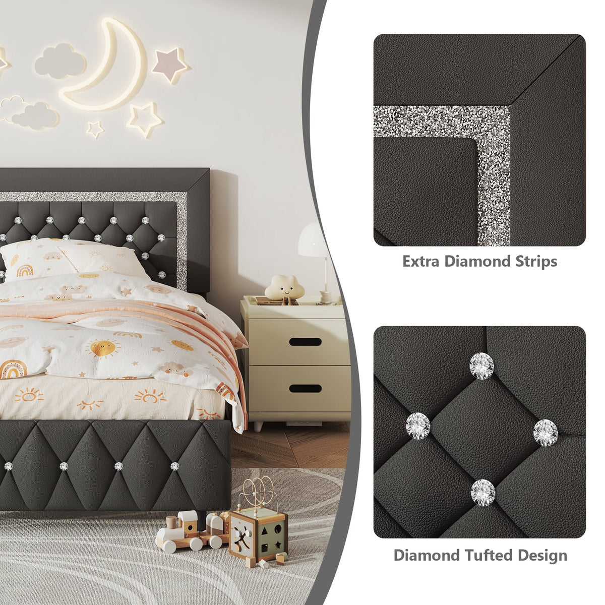 4 EVER WINNER Twin Size Upholstered Bed with Diamond Headboard and Footboard, Gray