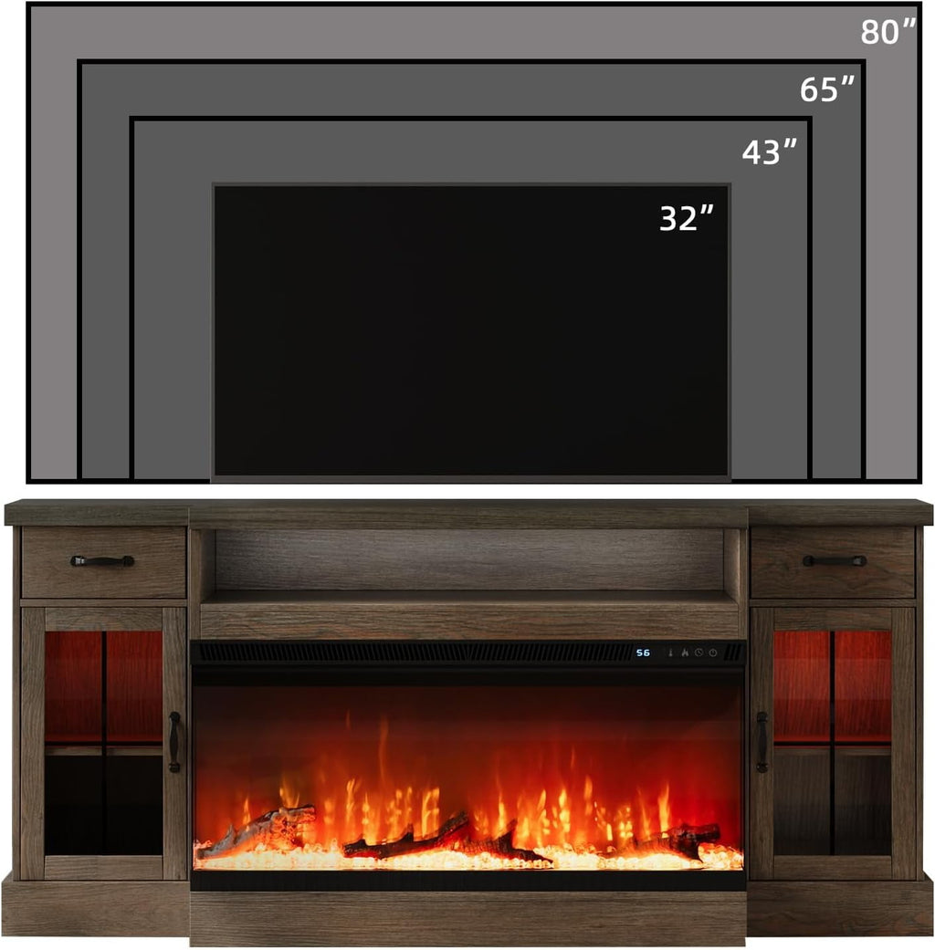 DreamCurship Fireplace TV Stand for TVs up to 80", Farmhouse TV Stand with Electric Fireplace, Glass Door Entertainment Center with Led Light, Media Console Table for Living Room, Gray