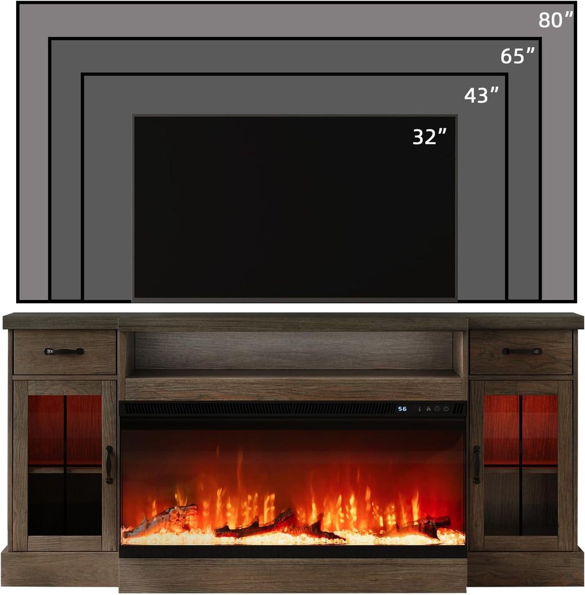 DreamCurship Fireplace TV Stand for TVs up to 80", Farmhouse TV Stand with Electric Fireplace, Glass Door Entertainment Center with Led Light, Media Console Table for Living Room, Gray