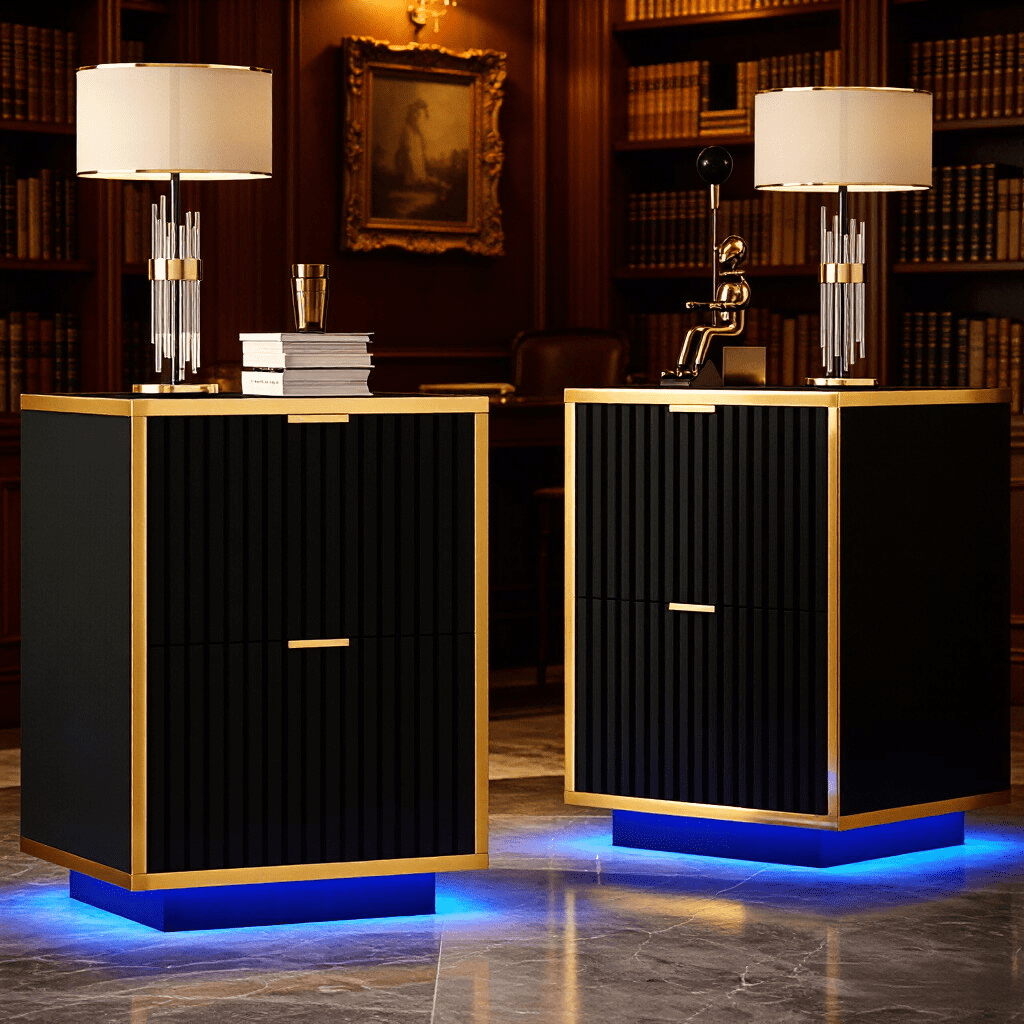 4 EVER WINNER Set of 2 Black & Gold Nightstands, Bedside End Table with LED Lights for Bedroom & Living Room