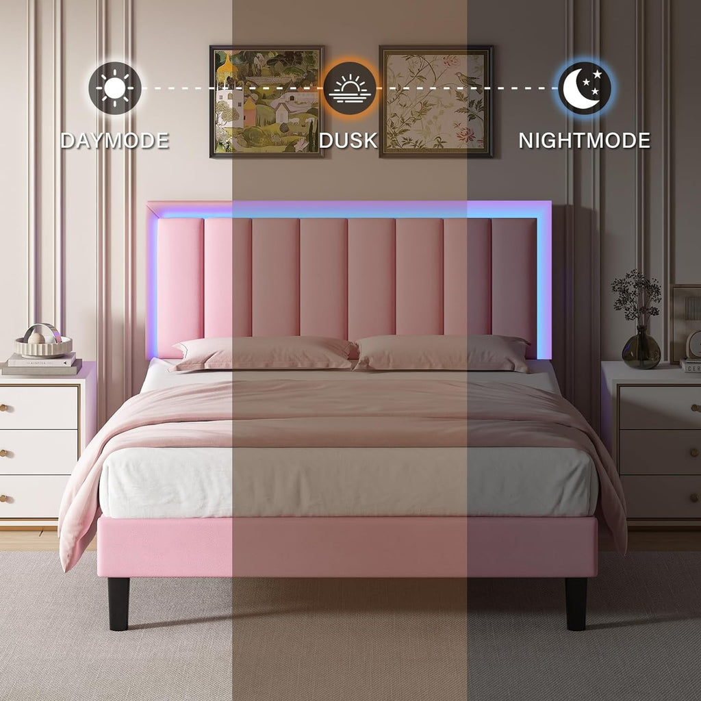 4 Ever Winner Full Size Foam and Leather Bed Frame with Durable LED Light Headboard, Pink