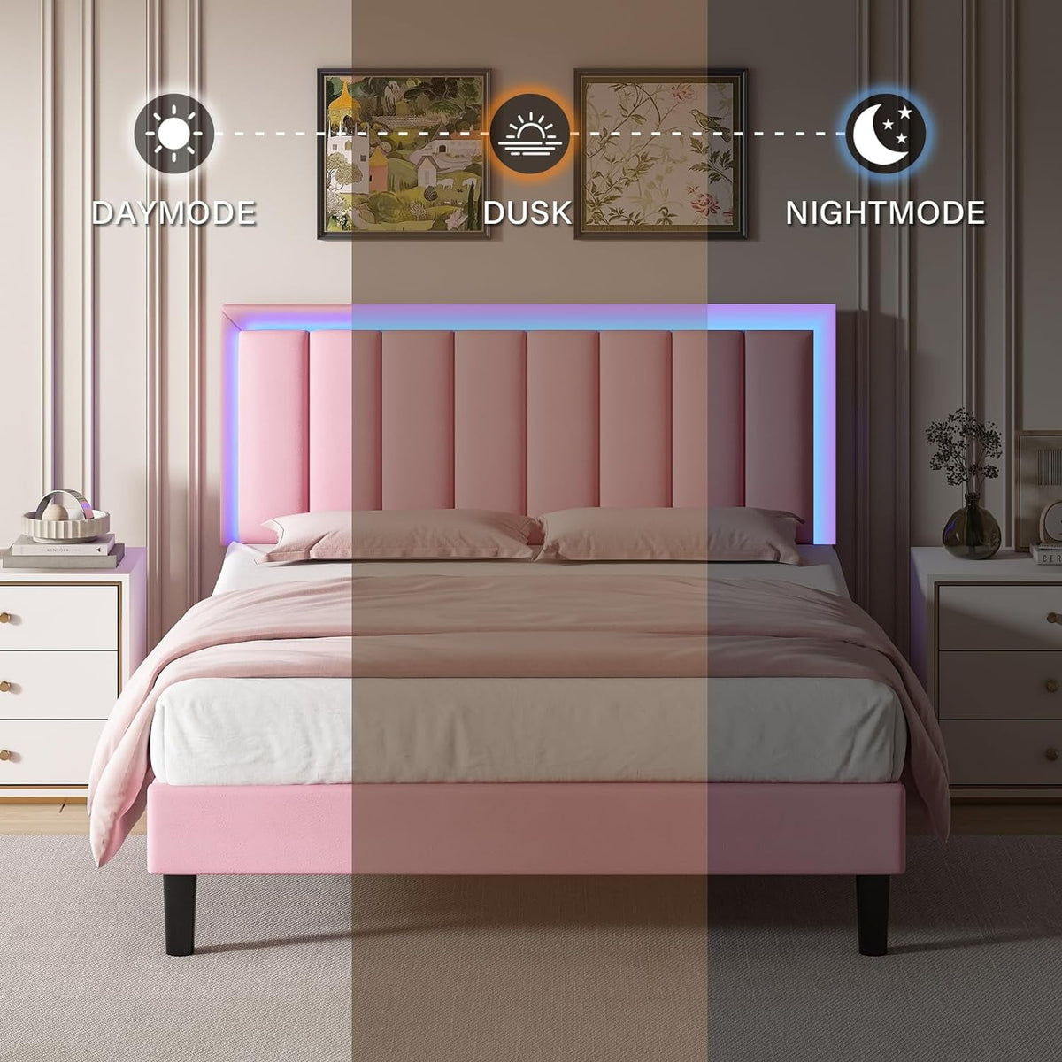 4 Ever Winner Full Size Foam and Leather Bed Frame with Durable LED Light Headboard, Pink