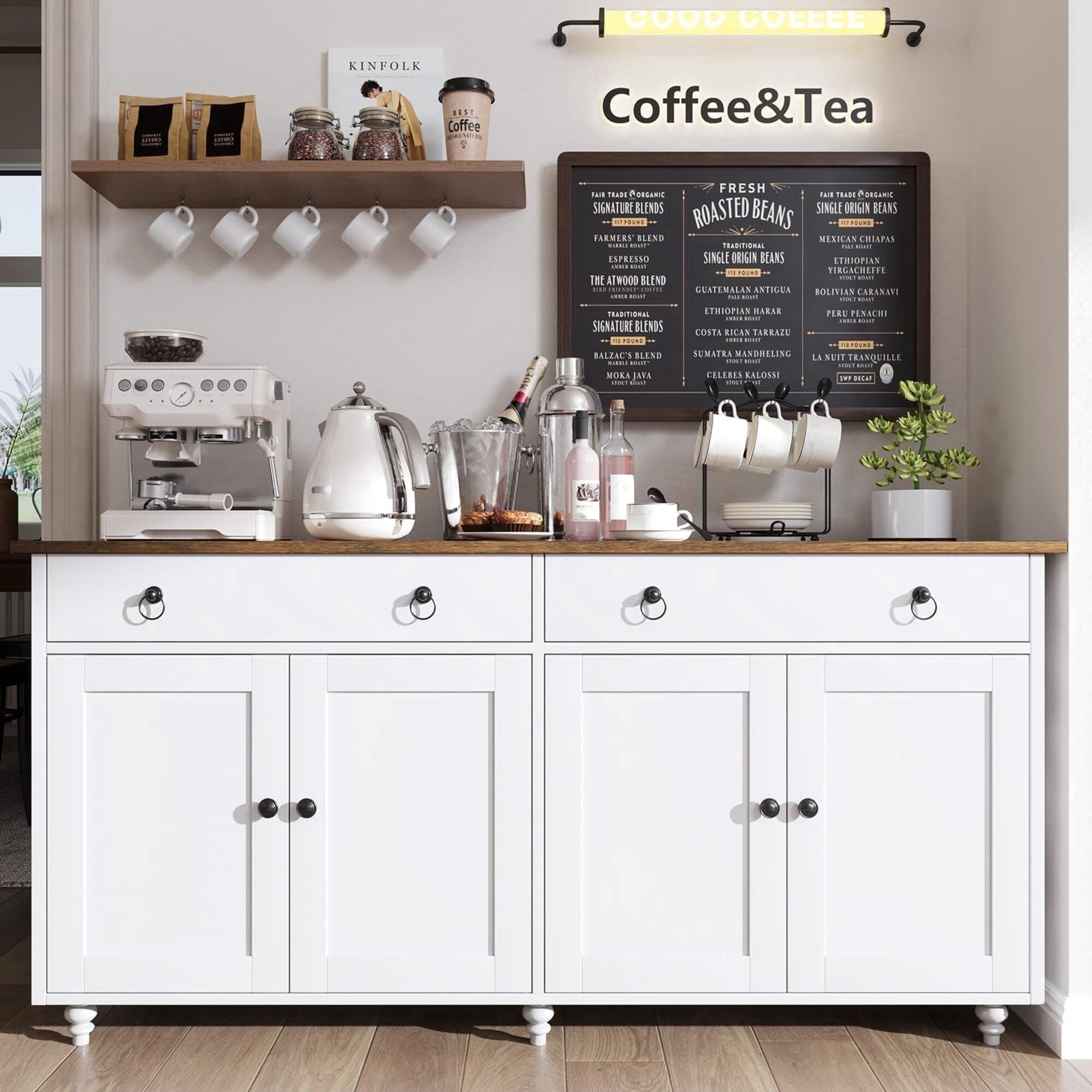 4 EVER WINNER Farmhouse Buffet Cabinet, kitchen cabinet with Storage, Large Storage Cabinet with 4 Doors &2 Drawers, Coffee Bar Cabinet with Adjustable Shelves for Kitchen, Dining Room, BlackKD0034-ZSJF-KD0034-White-4Door