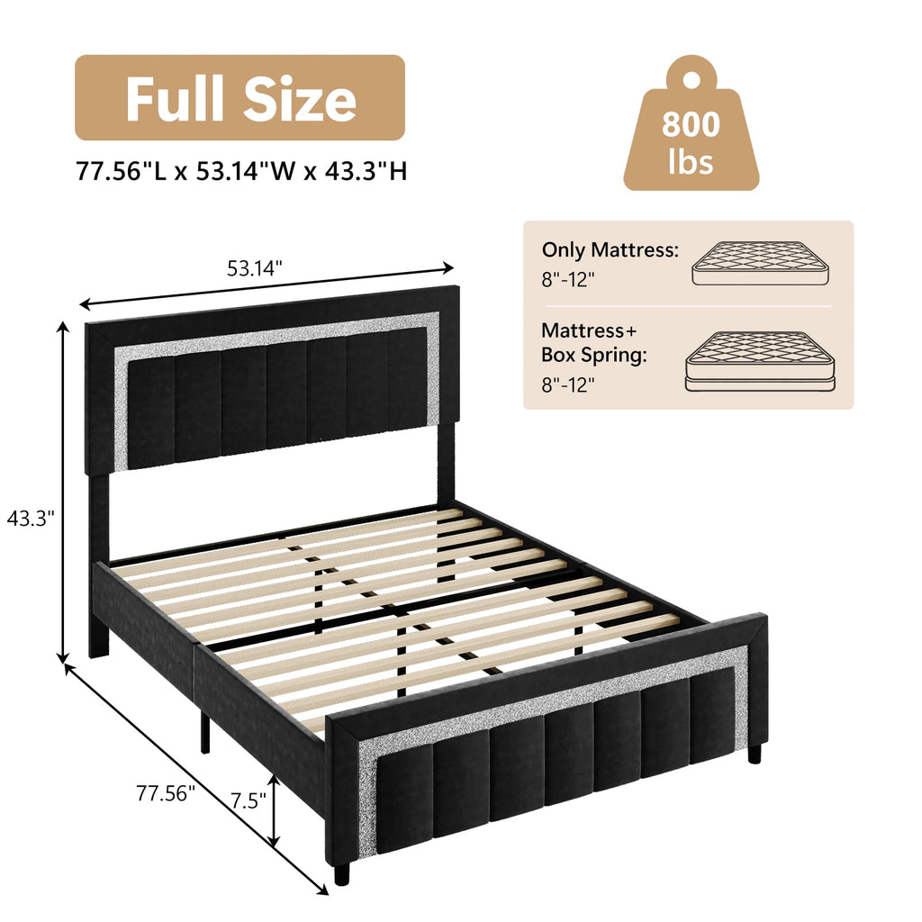 4 Ever Winner Full Bed Frame, Velvet Upholstered Bed Frame with Diamond Headboard, Black Full Size Bed Frame, Black