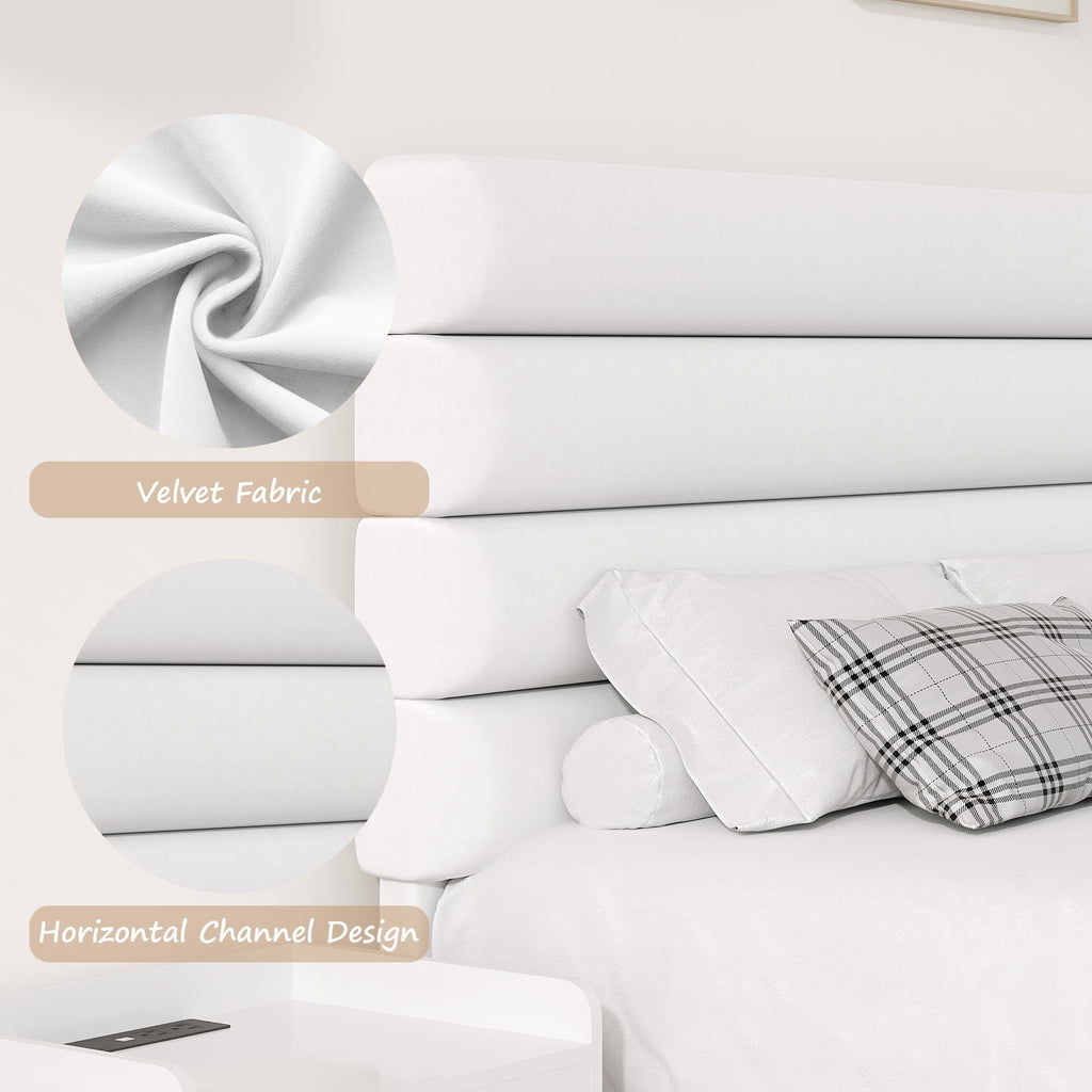 4 Ever Winner Twin Size Platform Bed Frame with Velvet Upholstered Headboard and Wooden Slats Support, Fully Upholstered Mattress Foundation, Noise-Free, No Box Spring Needed, Easy Assembly, White